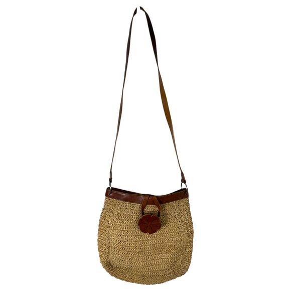 Fossil Raffia Straw Woven Brown Leather Floral Details Crossbody Purse Handbag - Picture 3 of 5